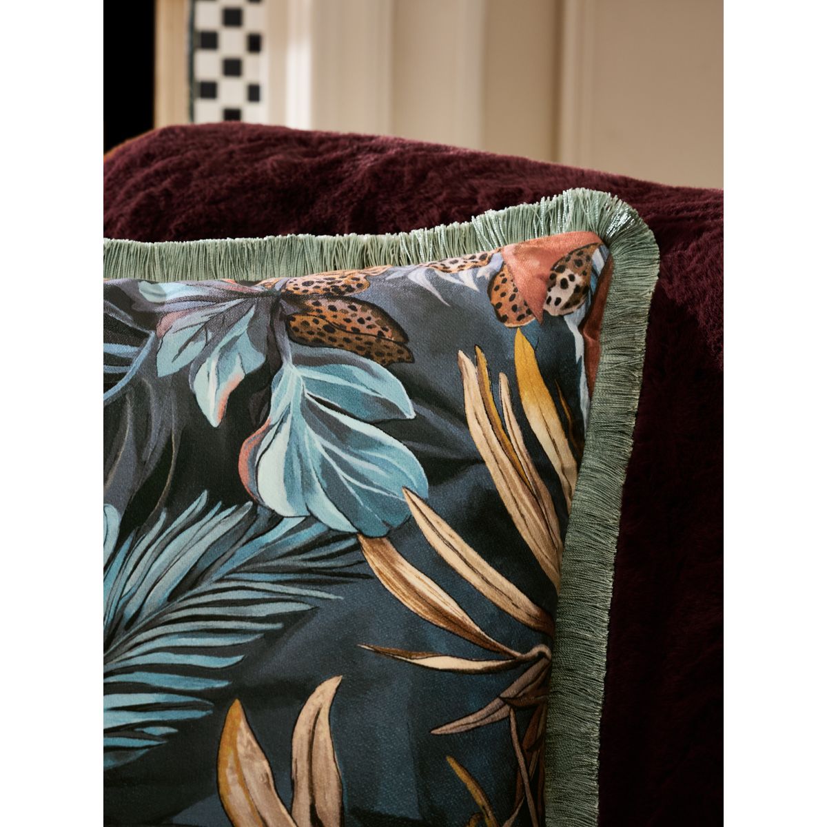 Coussin en velours à feuilles 50 x 50 cm bleu sarcelle, NEXT