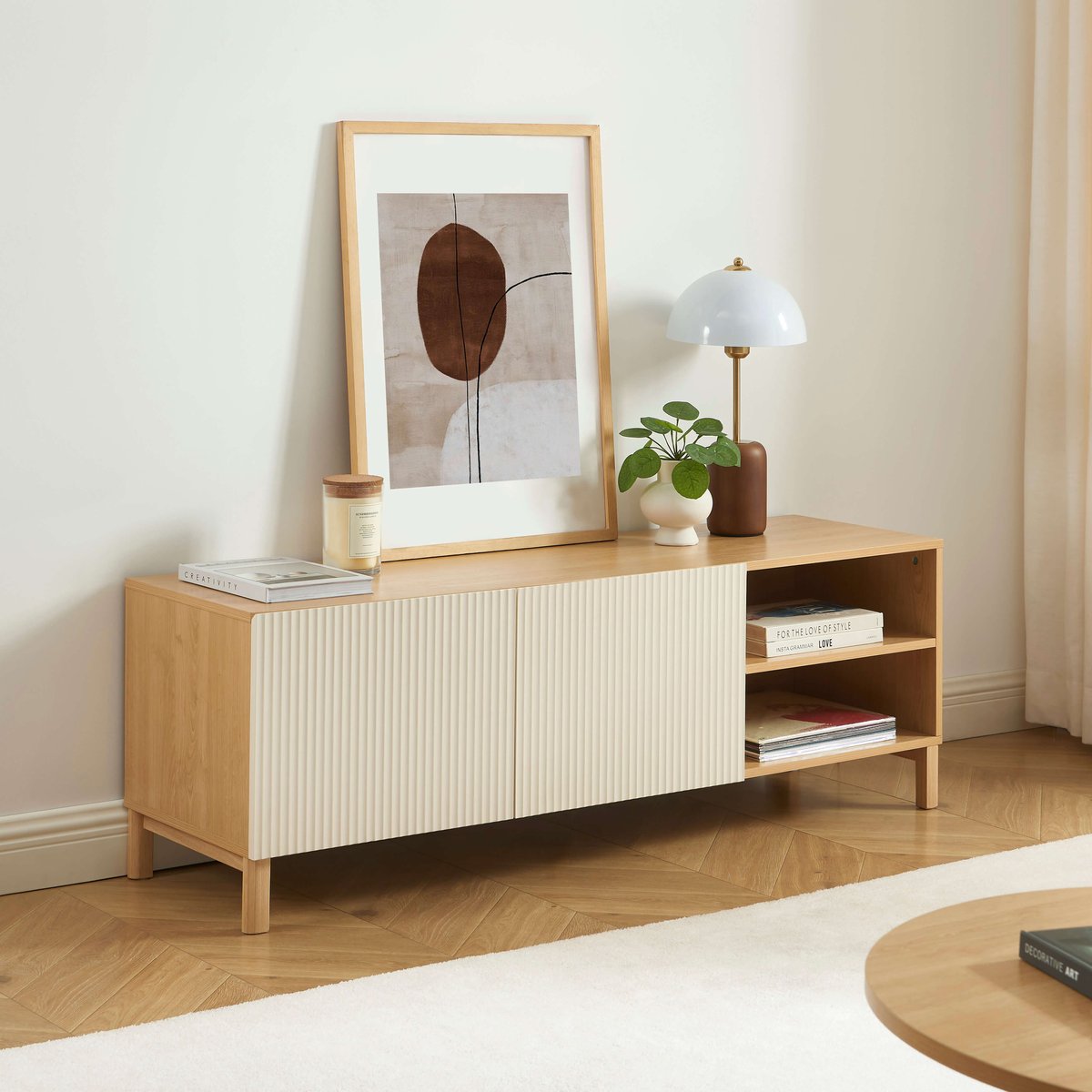 Meuble TV 2 portes  ORCA beige et chêne, BAÏTA