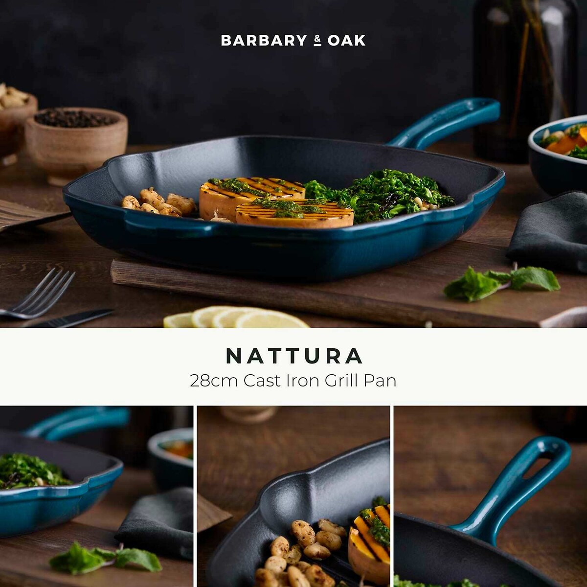 26cm Nattura Cast Iron Grill Pan teal, BARBARY & OAK