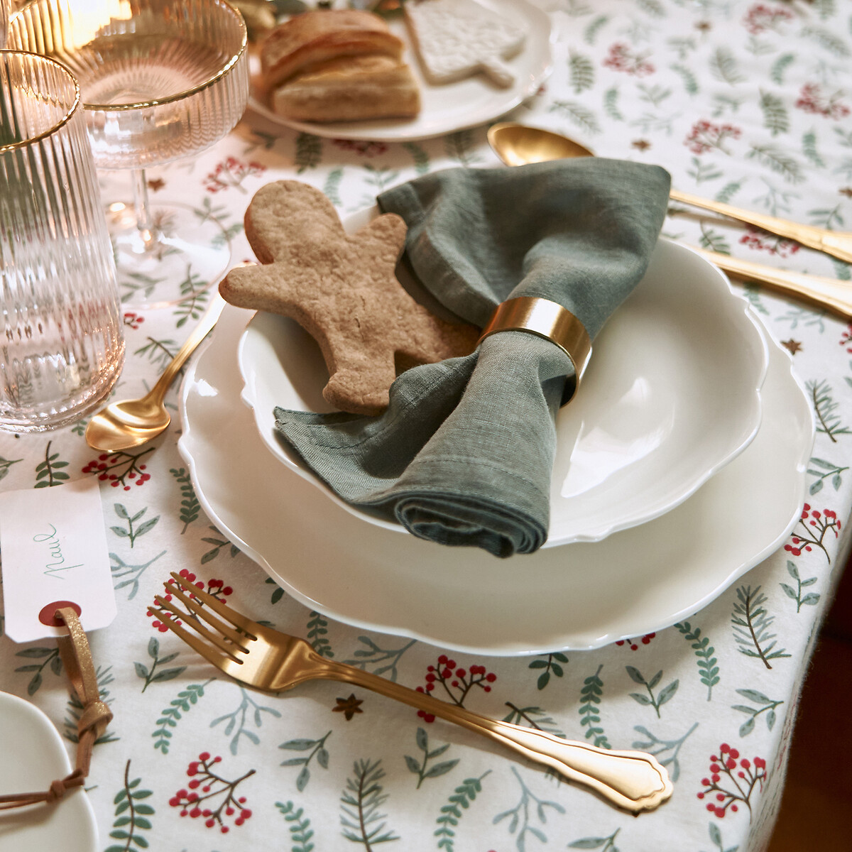 Nappe coton lavé, Winter berry fond blanc/imprimé, LA REDOUTE INTERIEURS