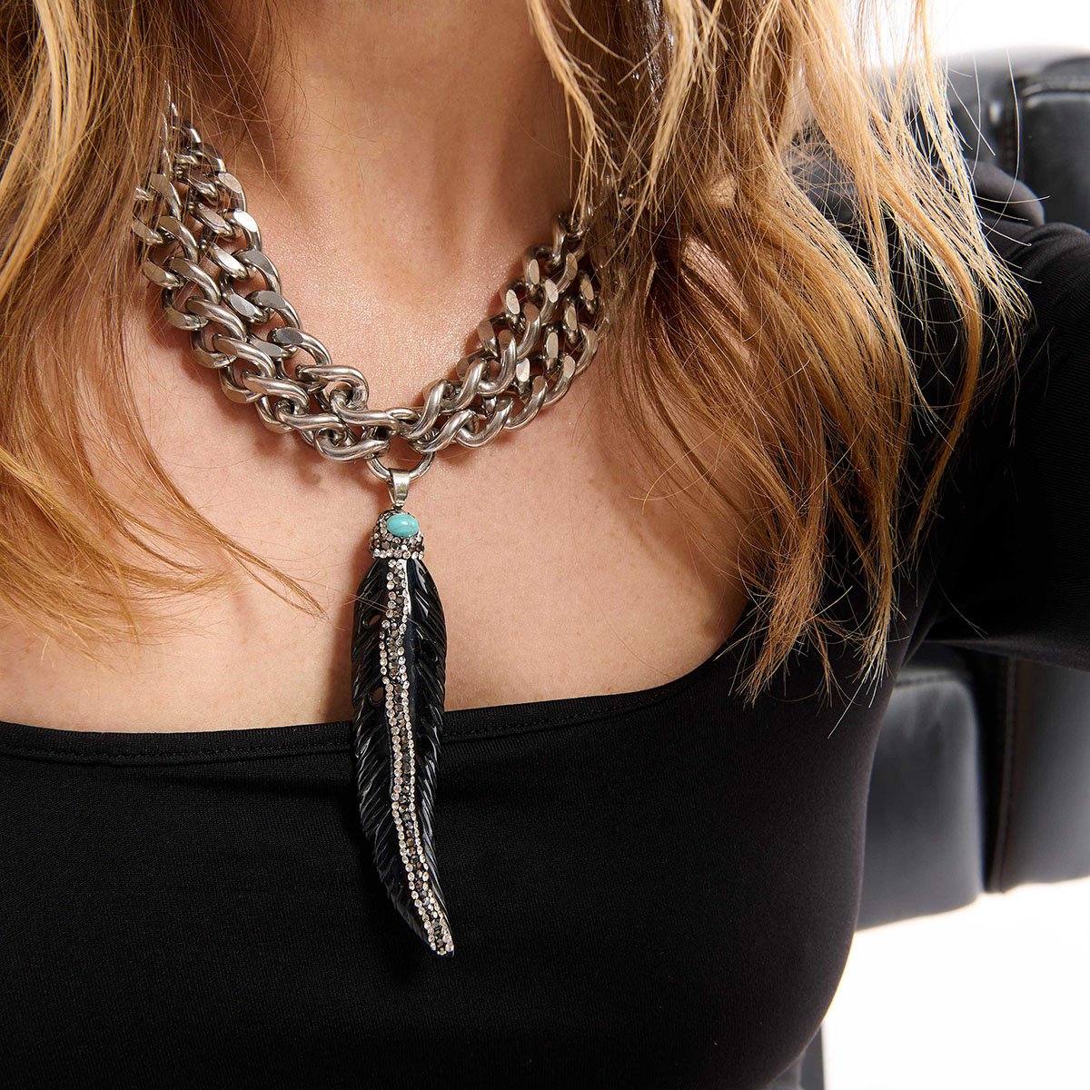 Collier double chaîne avec pendentif plume HINO argenté, HIPANEMA