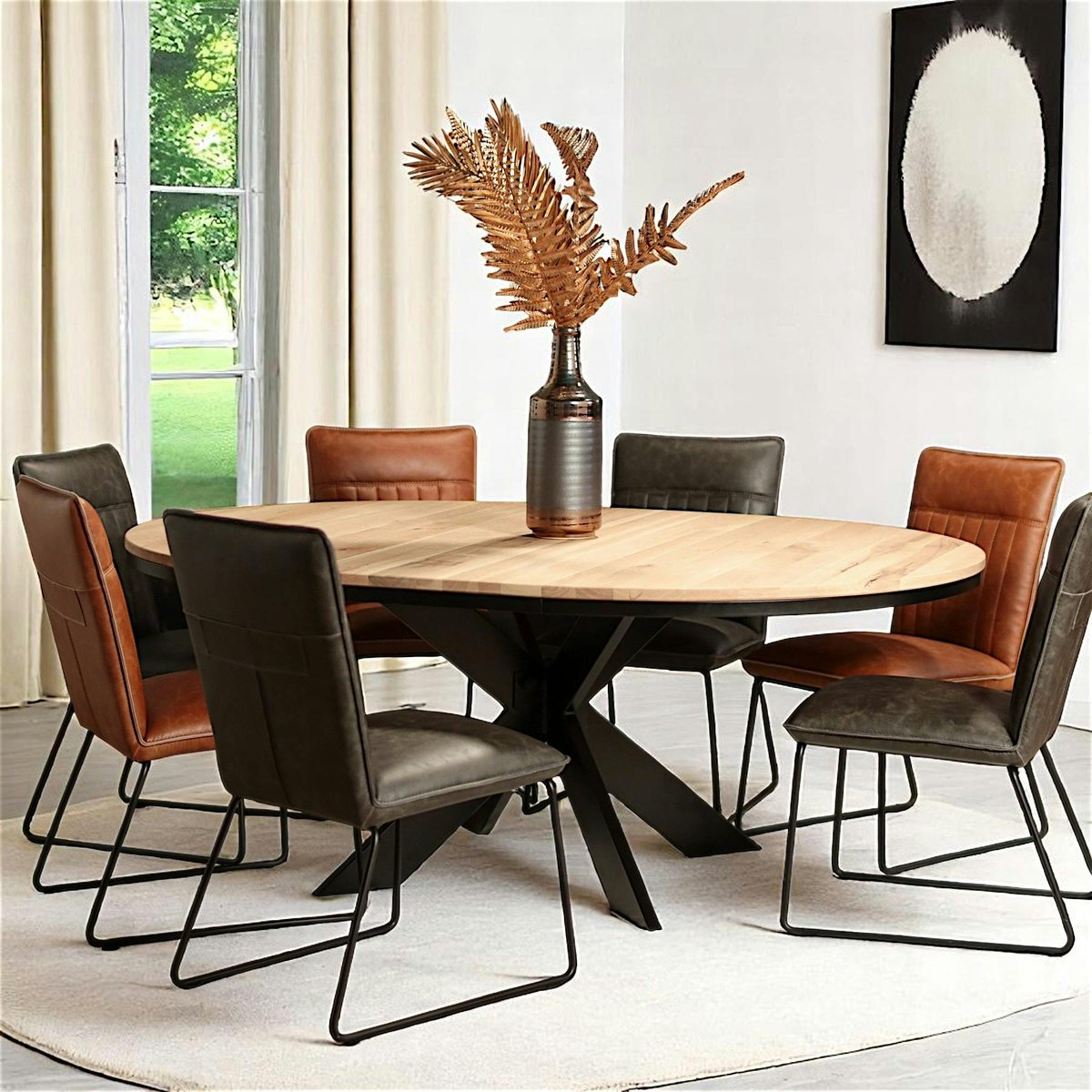 Table ronde extensible en chêne, pied mikado métal PALERME chêne blanc, PIER IMPORT
