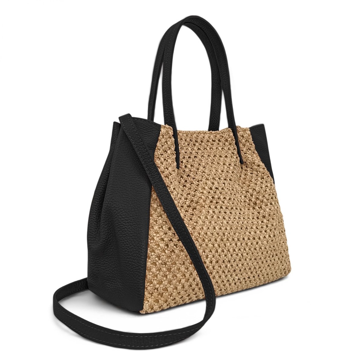 Sac cabas en cuir grainé et raphia OXANE noir, OH MY BAG