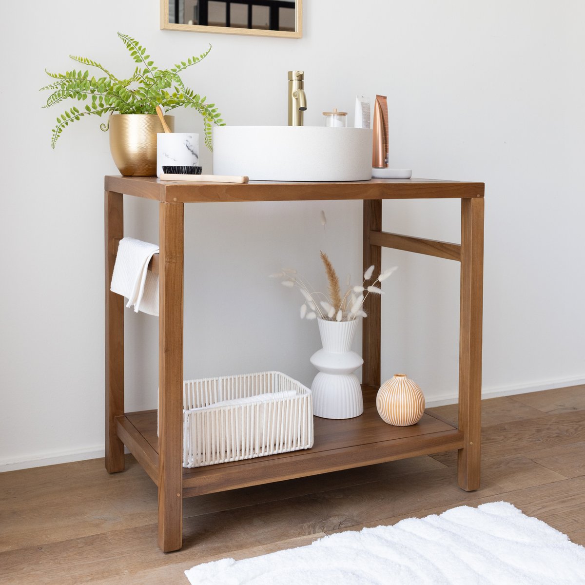 Meuble sous vasque en teck massif Dewi, DEWI bois foncé, HAPPY GARDEN