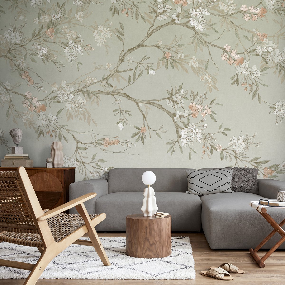 Papier peint panoramique Branches fleuries vert sauge, beige, SUPERFRESCO EASY