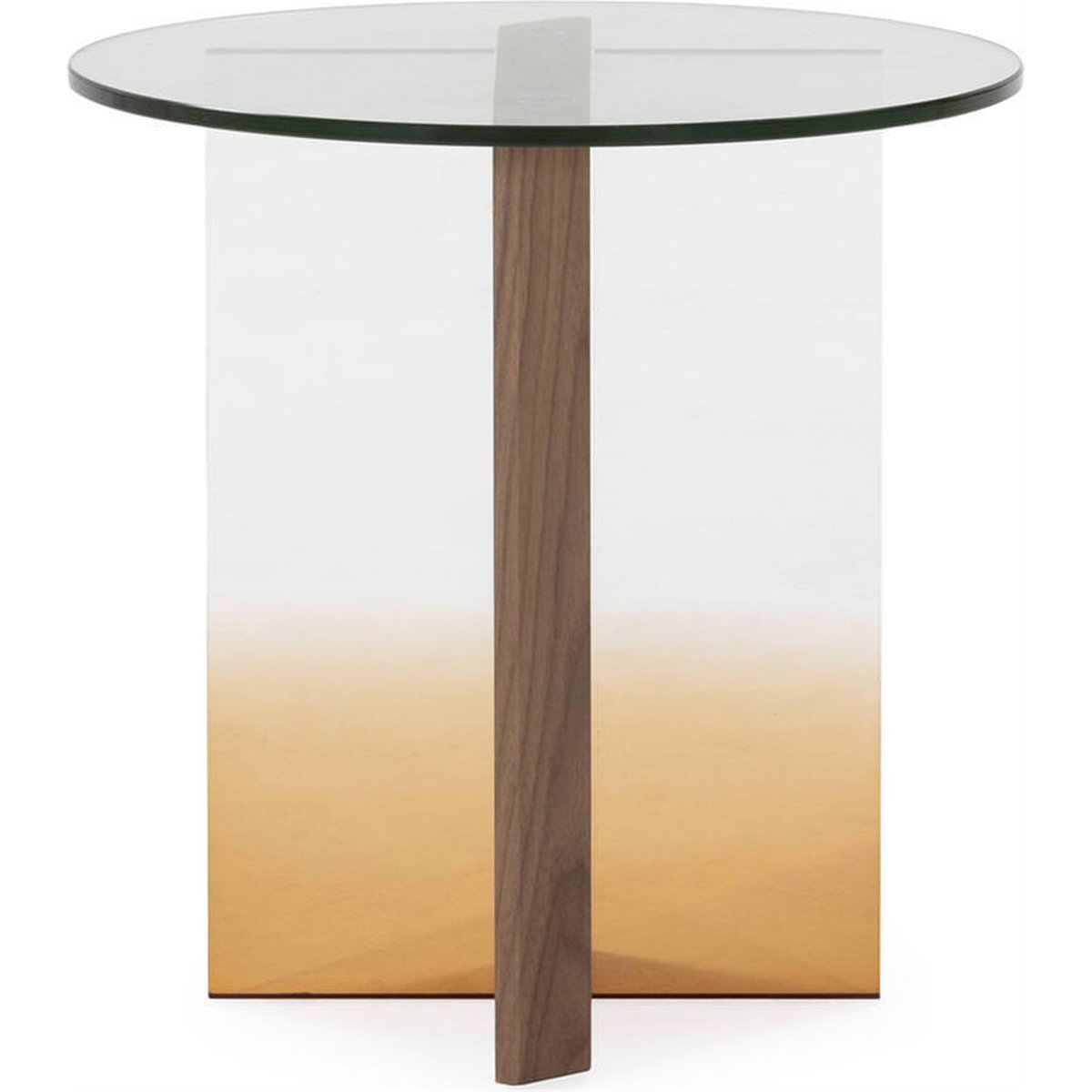 Table d'appoint ronde noyer et méthacrylate noyer, transparent et ambre, RECOLLECTION