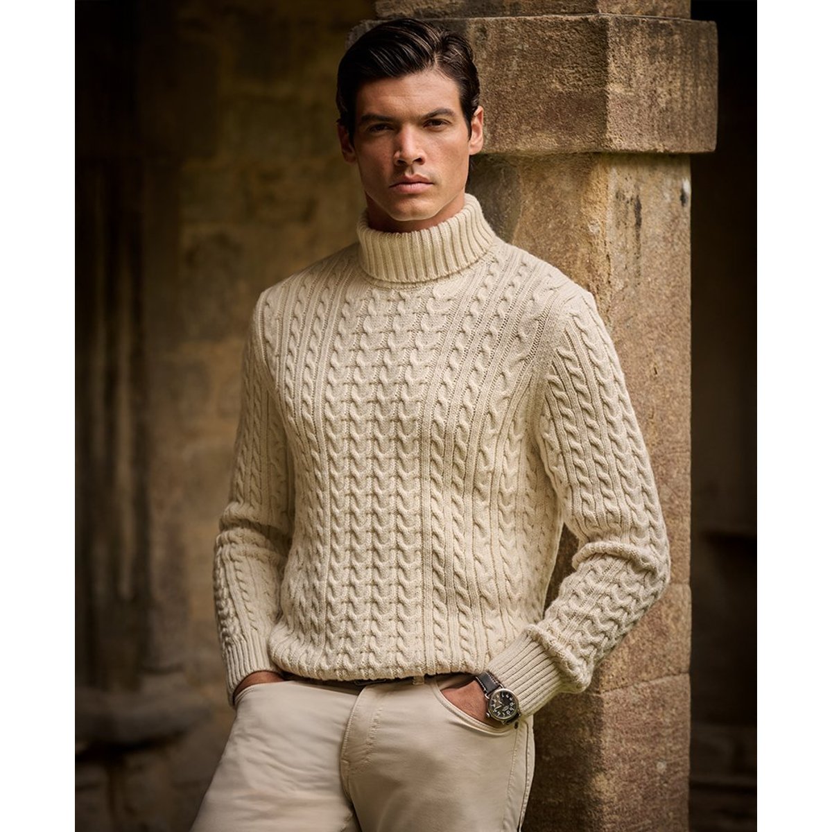 Pull torsadé à col roulé Jacob blanc hivernal, SUPERDRY
