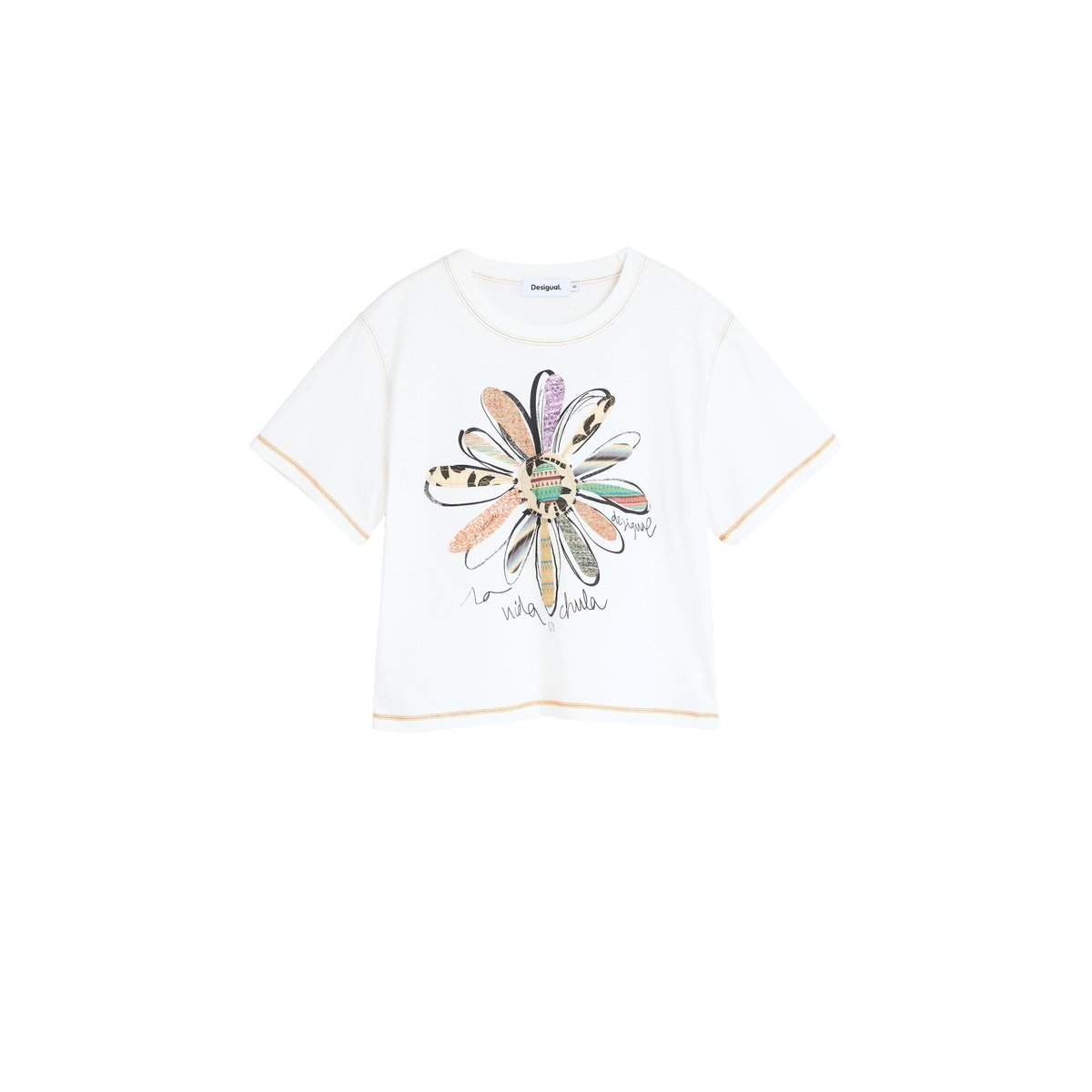 T-shirt à imprimé floral 100 % coton blanc, DESIGUAL