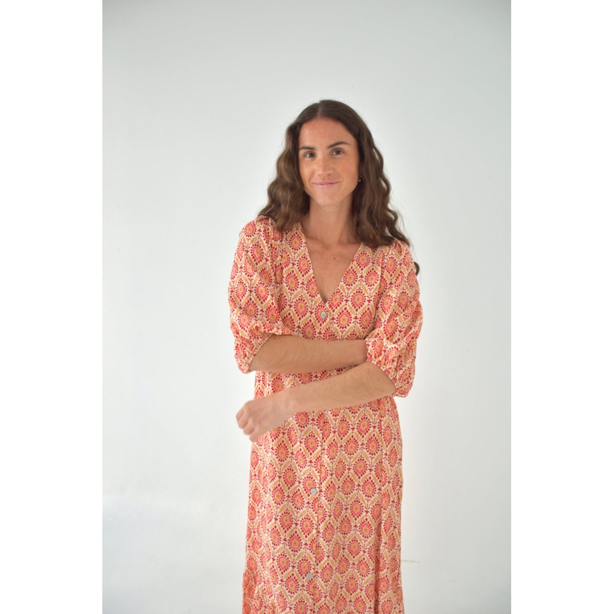 Robe imprimée boutonnée volant MICA bordeaux / orange, MINDTRAVELER