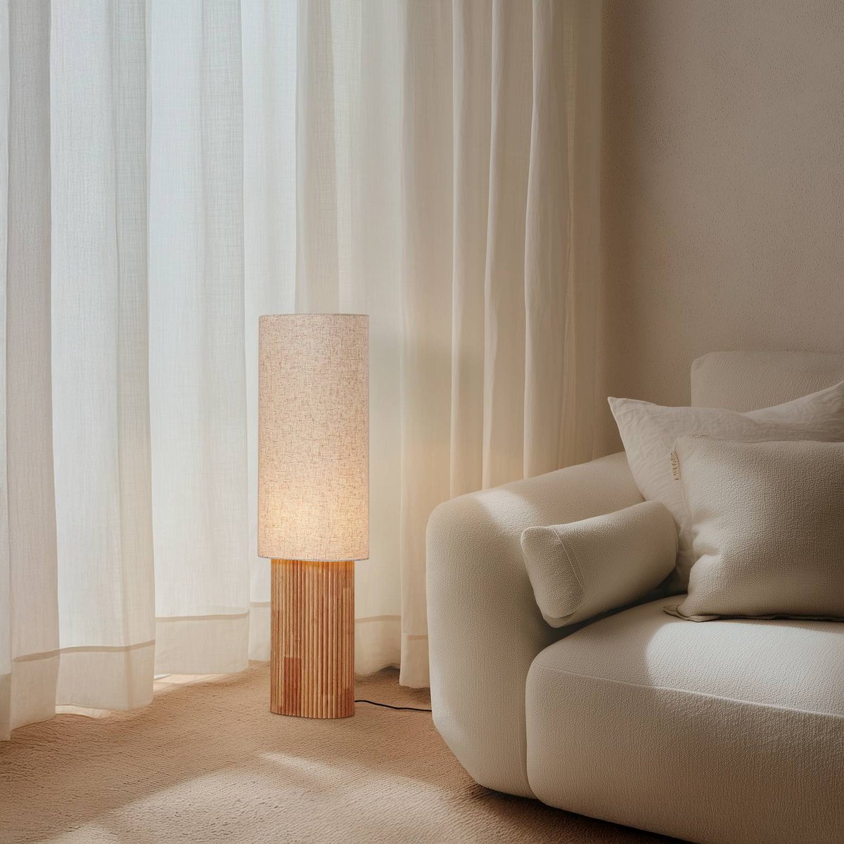 Lampadaire en bois scandinave, Kimiko bois clair, beige, LINDBY