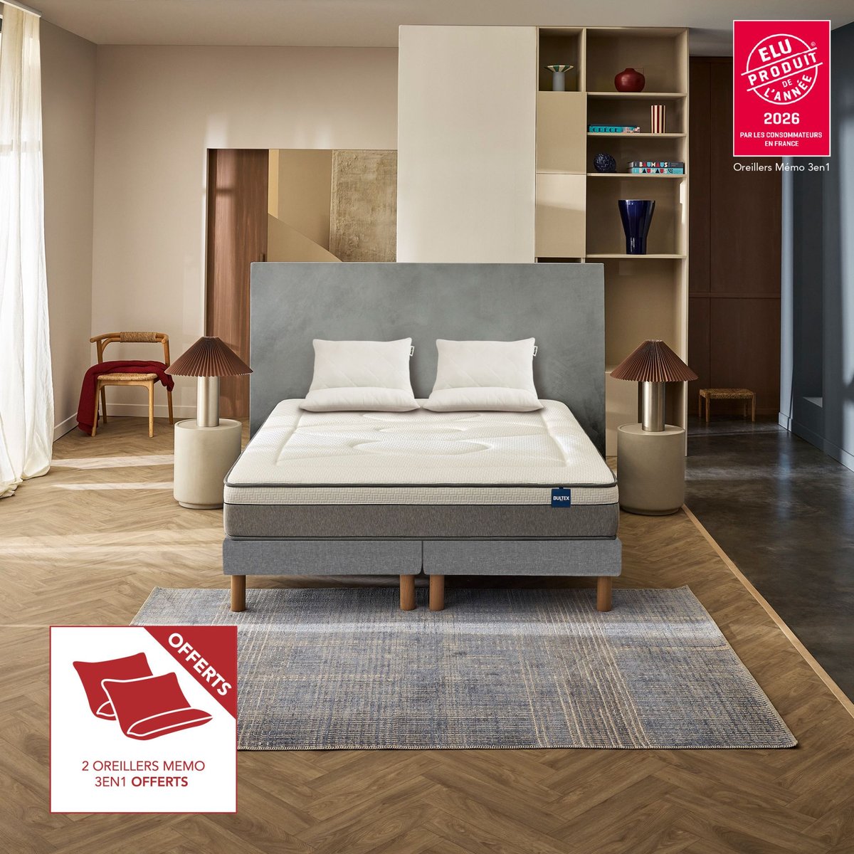Ensemble matelas hybride ferme Restore + 2 oreillers Memo 3-en-1 offerts - Restore couleur unique, BULTEX