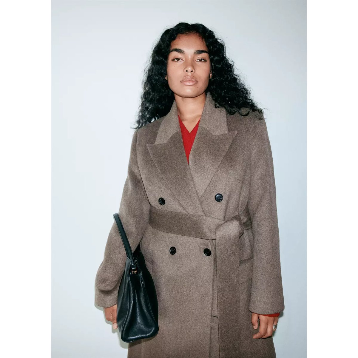 Manteau laine ceinture marron moyen, MANGO