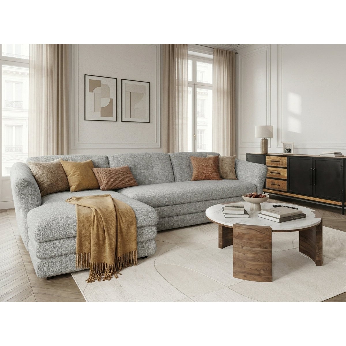 Canapé d'angle fixe 4 places en tissu chiné, MARBLE gris, BOBOCHIC