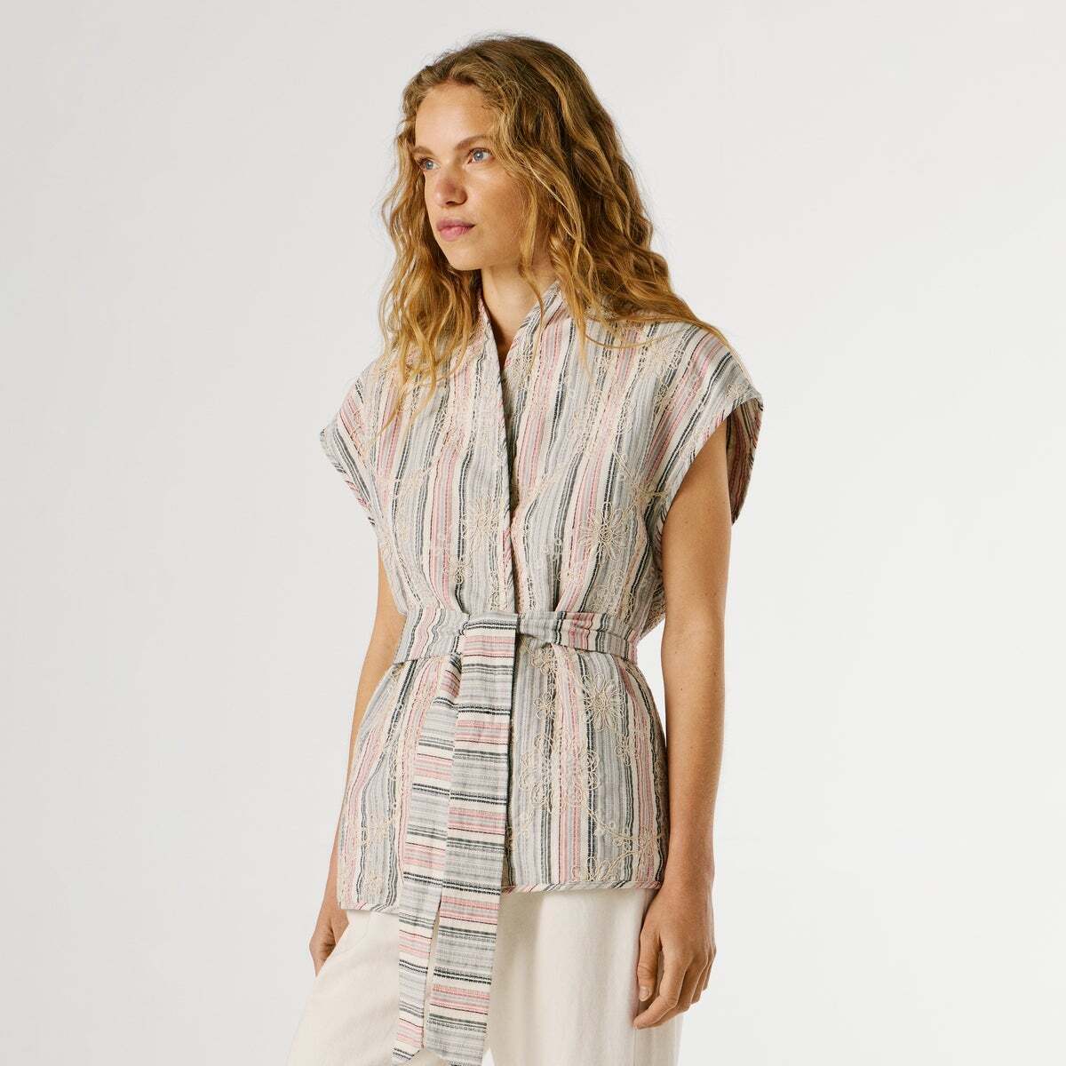 Gilet À Rayures Avec Ceinture blanc, PEPE JEANS