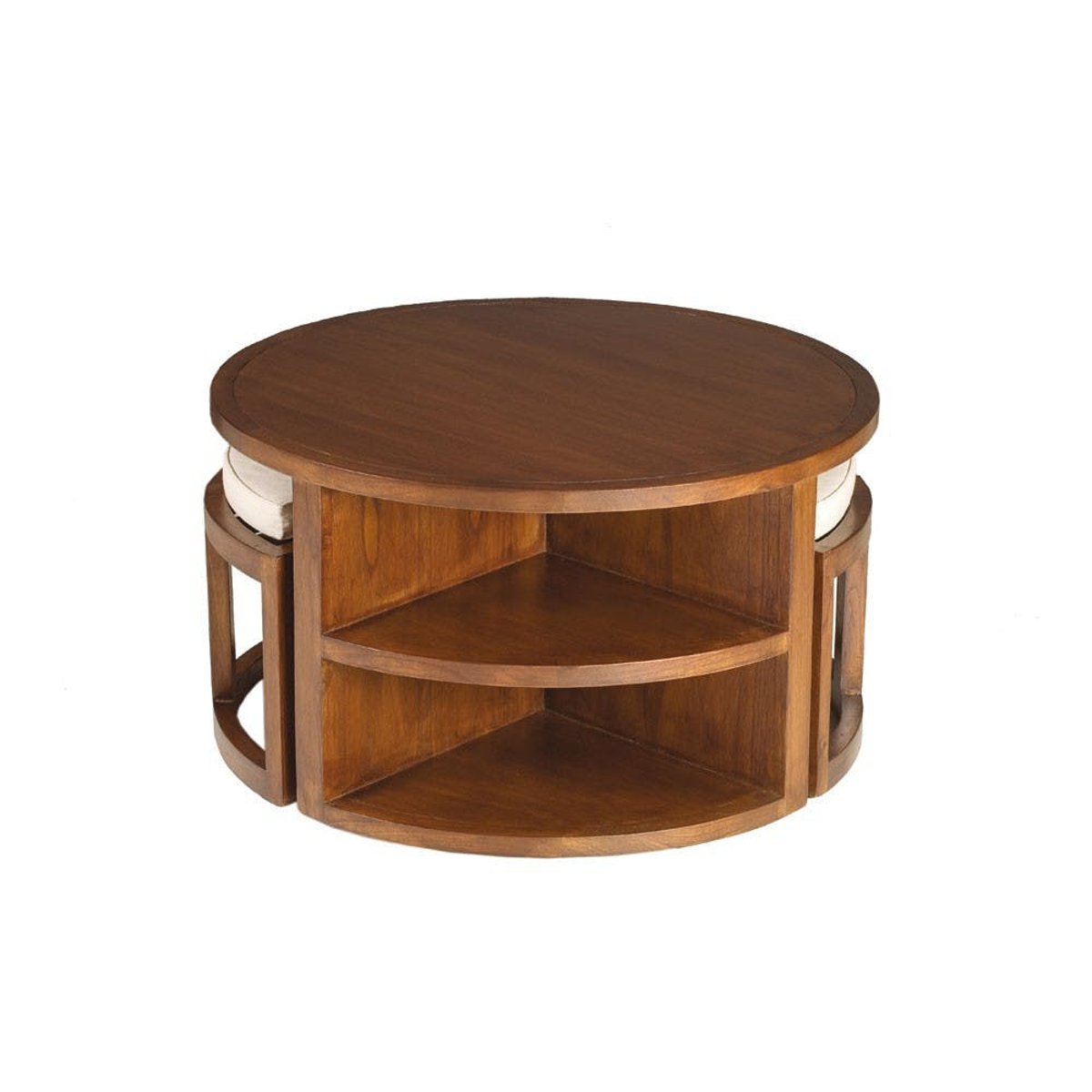 Table basse ronde bois exotique naturel 90cm - inclus 2 tabourets avec coussins LOLA bois naturel, PIER IMPORT