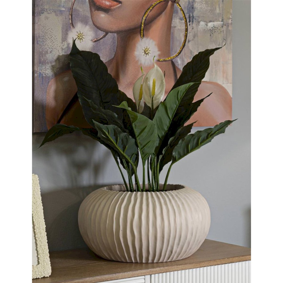 Vase bas nervuré à poser élégant MODERN crème, RECOLLECTION