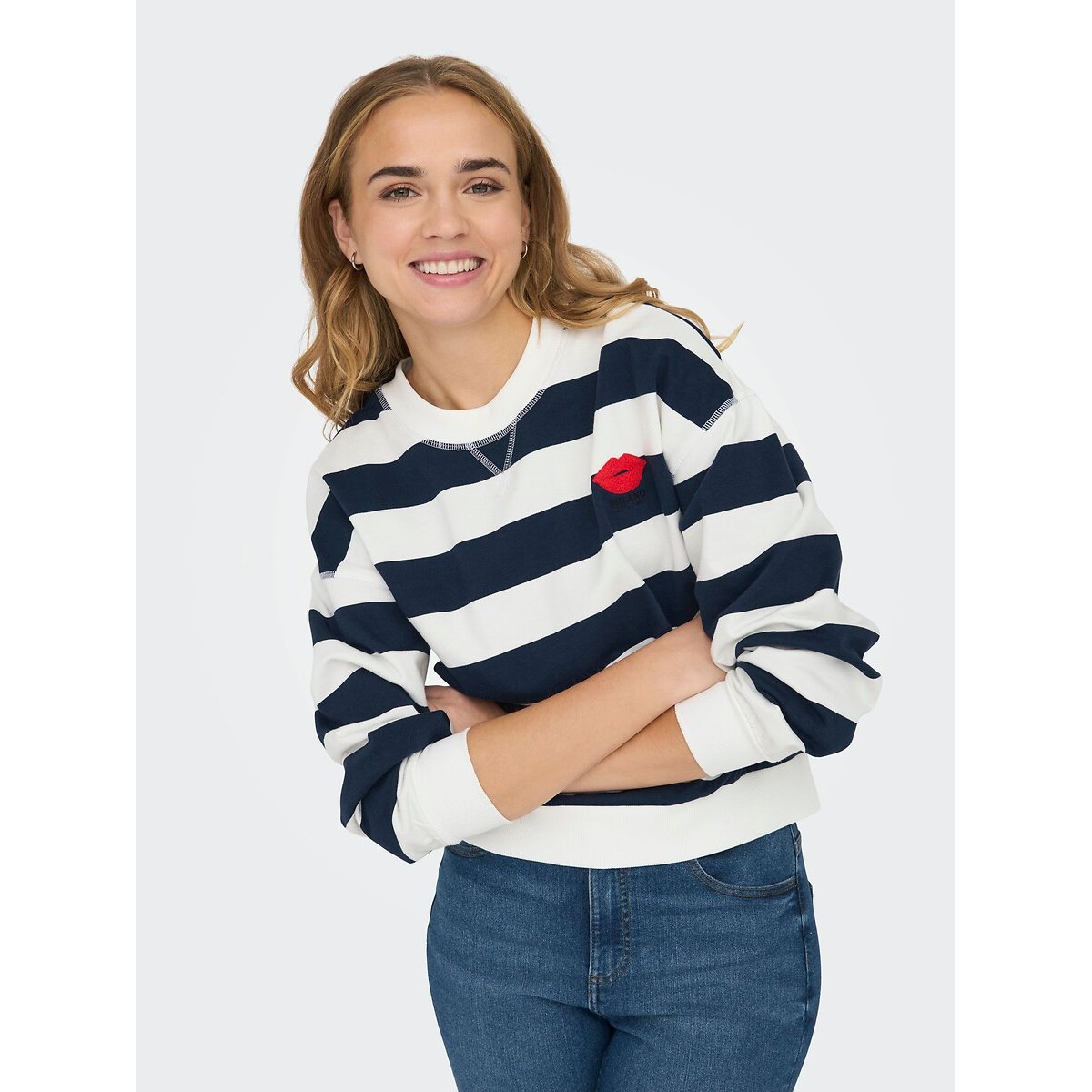 Sweat col rond rayé blanc/bleu, ONLY