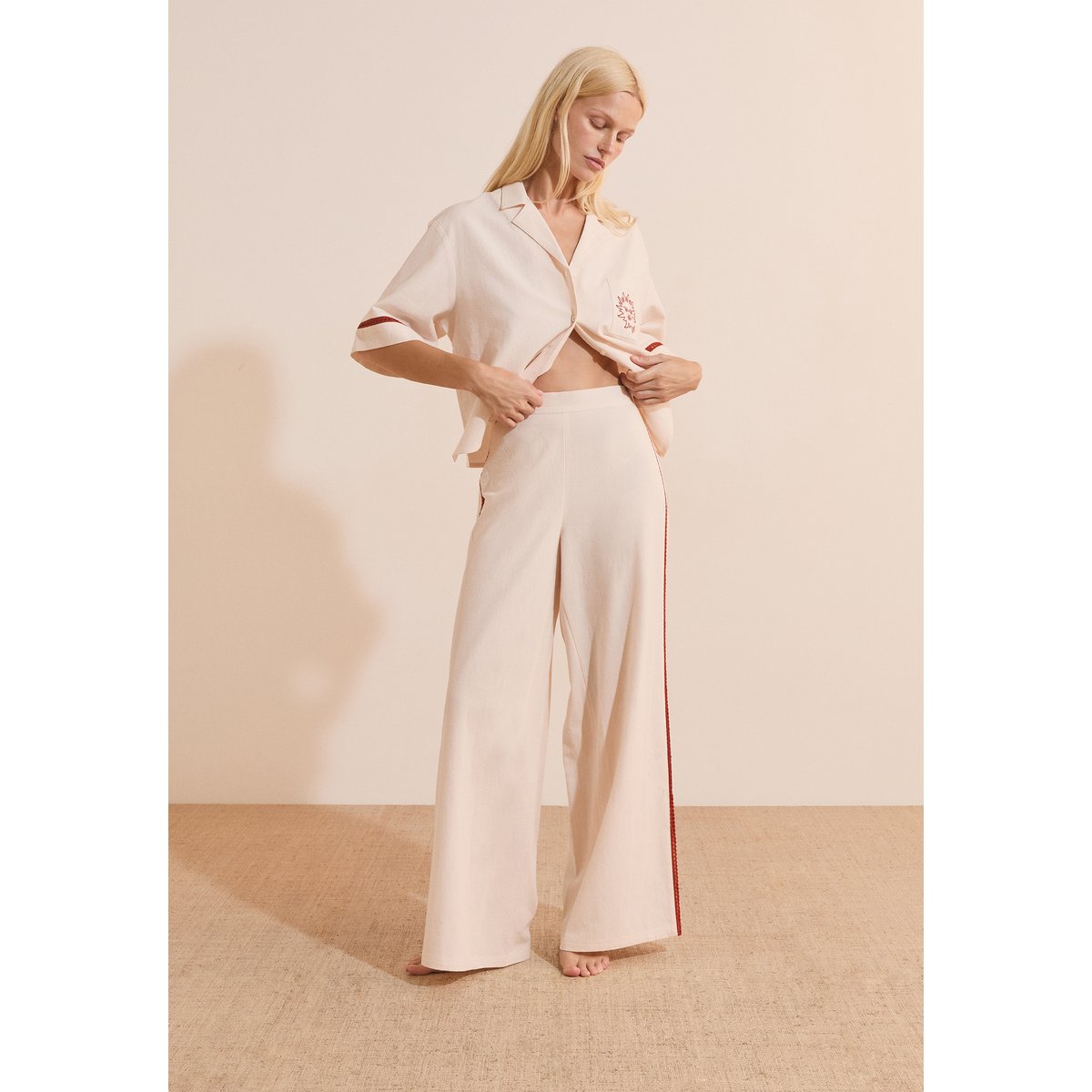 Pantalon de pyjama avec bandes sur les côtés en coton MARINE lin, ETAM