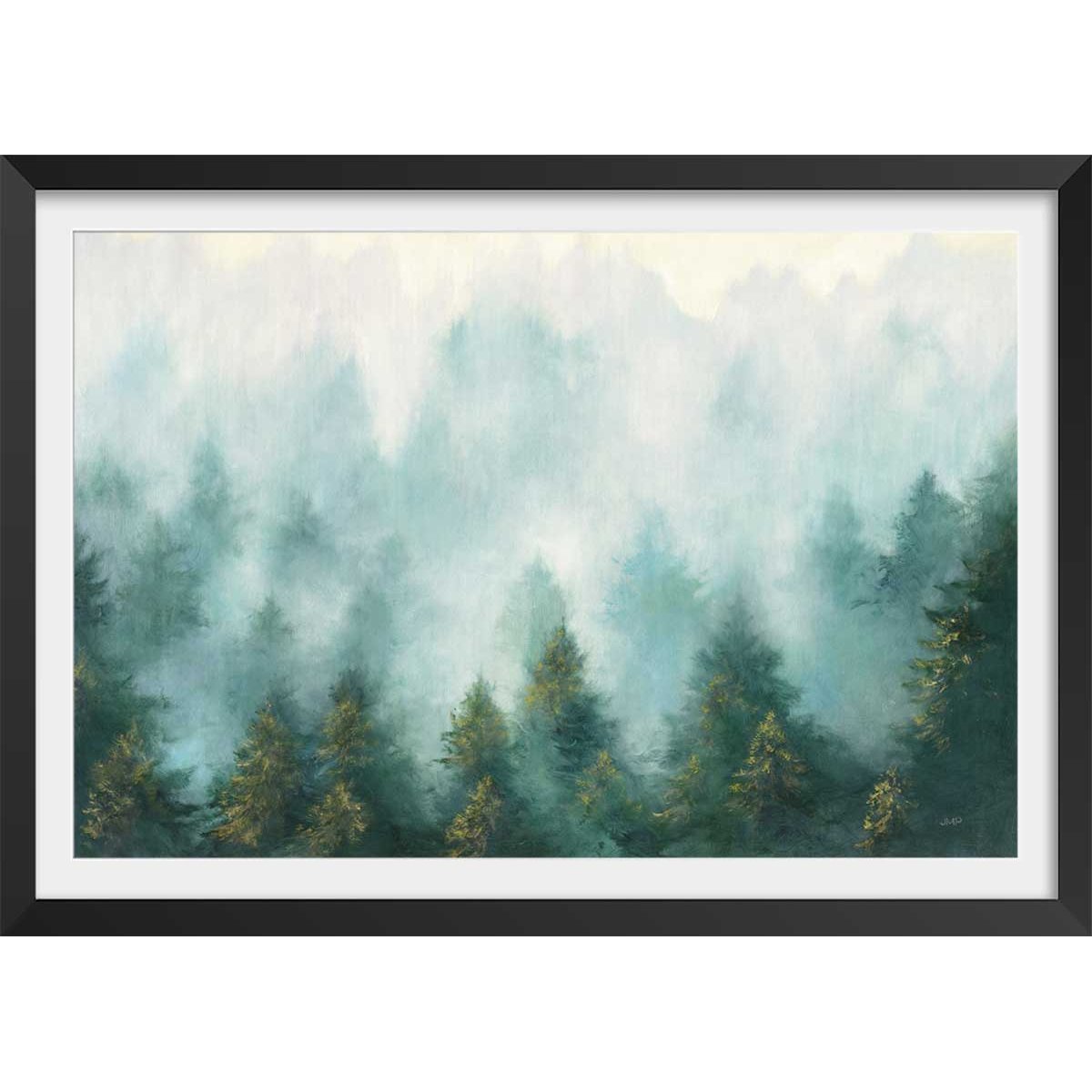 Affiche Brume sur la forêt affiche + cadre en bois - noir, HEXOA