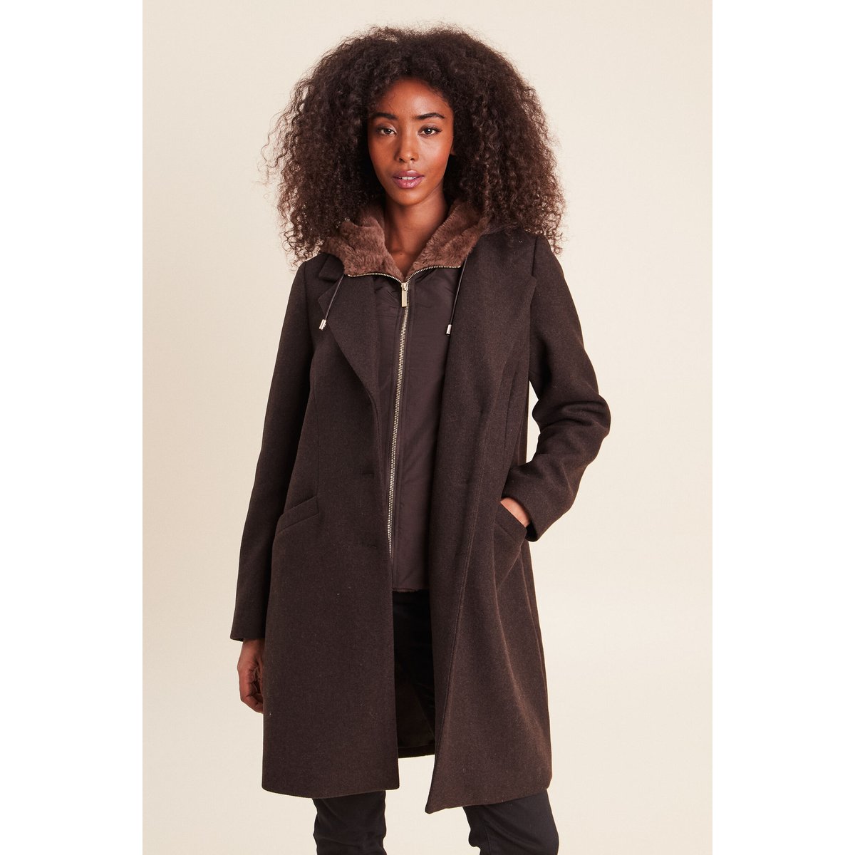 Manteau ajusté capuche amovible marron foncé, BREAL