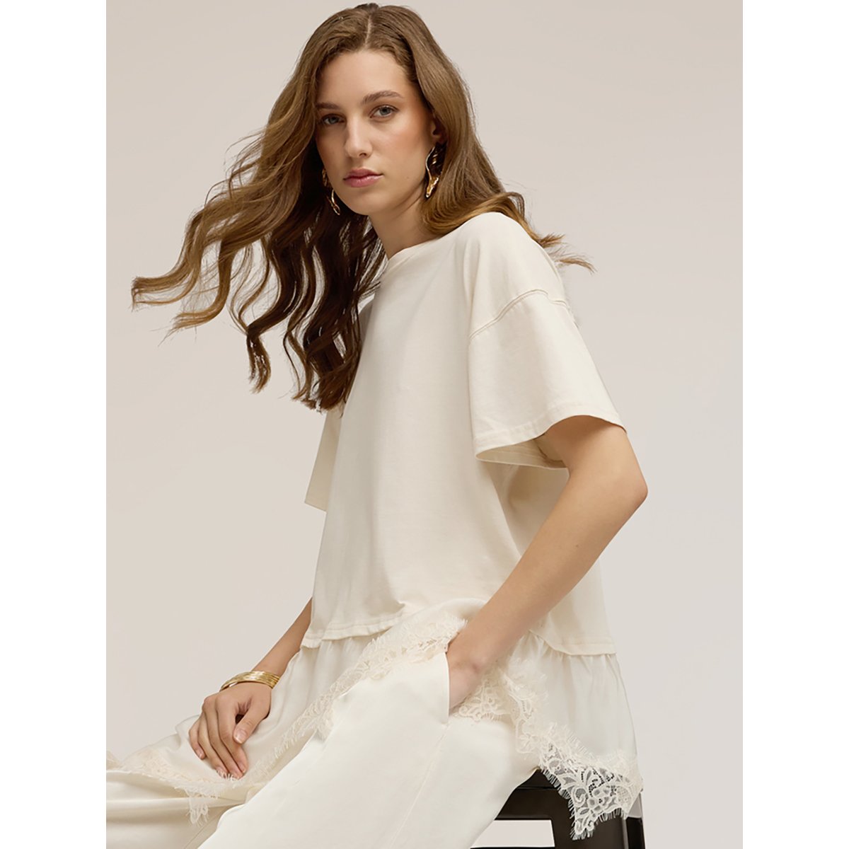 T-shirt avec insert en dentelle blanc, MOTIVI