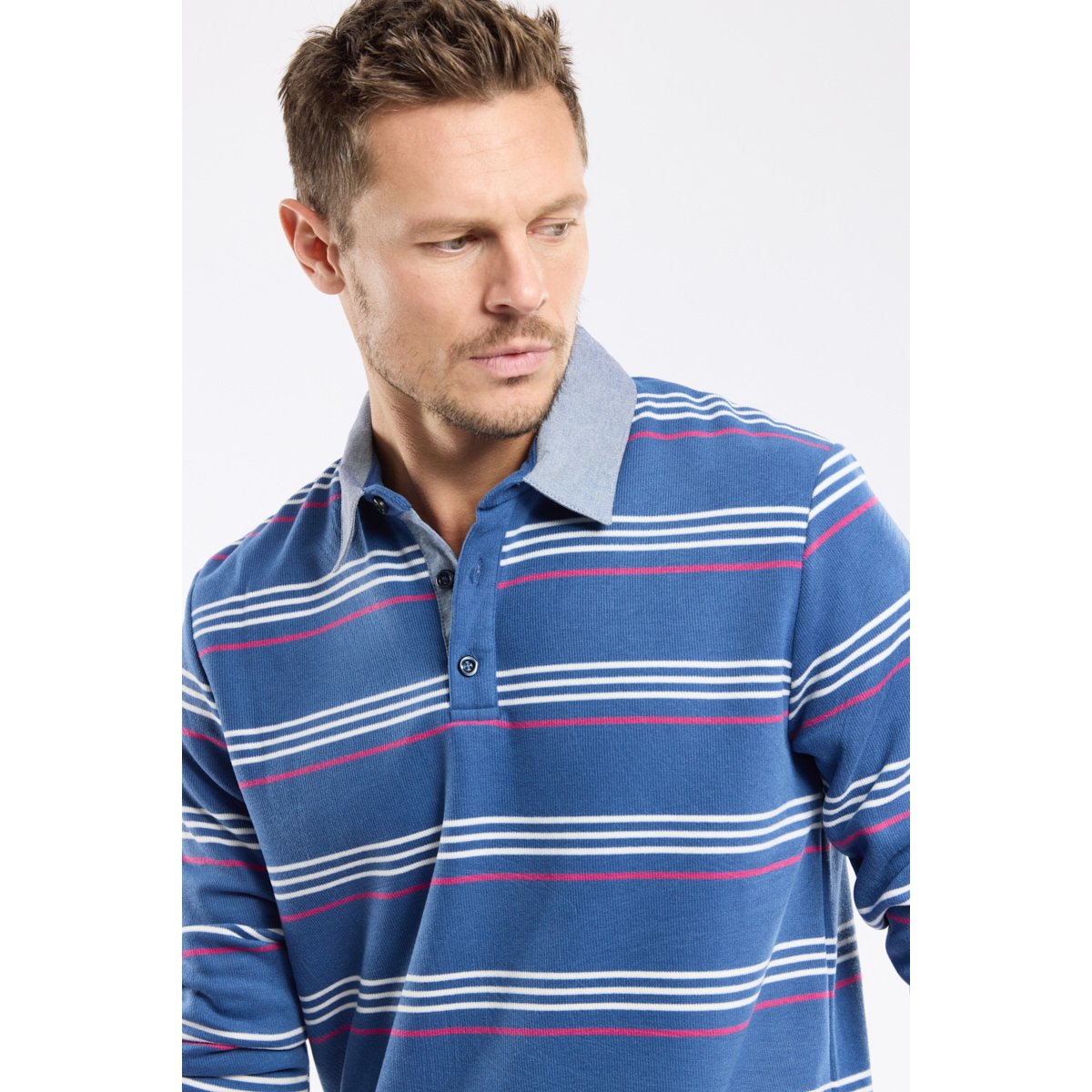 Sweat col polo Bérac jean brut/slate rose/ecru, GUY DE BERAC