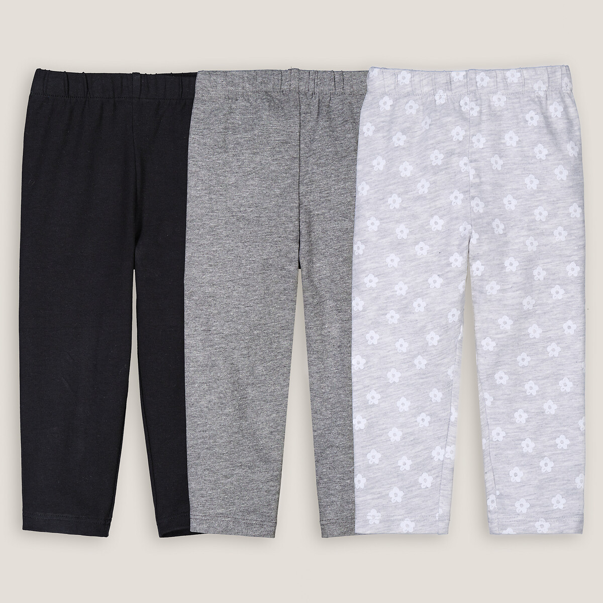 Pack of 3 Leggings in Cotton pack of black + grey marl, LA REDOUTE COLLECTIONS
