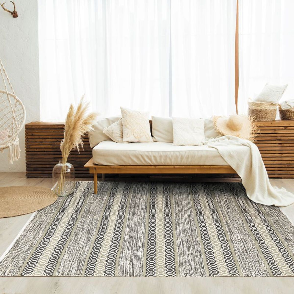 Tapis salon en coton TERRA COTTON ETHNO blanc sable, THE DECO FACTORY