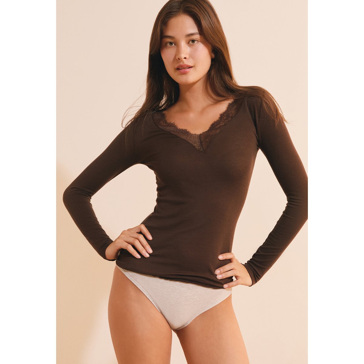 T-shirt thermique col V dentelle avec cachemire WARMLIGHT marron, ETAM