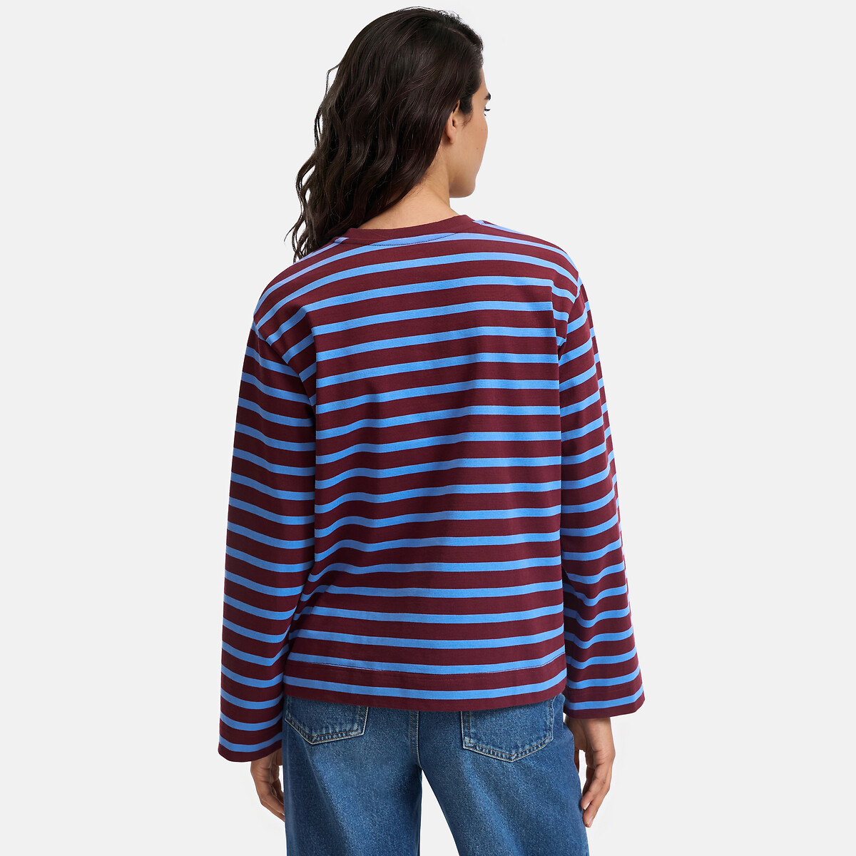 Striped Cotton Loose Fit Long Sleeve T-Shirt burgundy/blue striped , LA REDOUTE COLLECTIONS