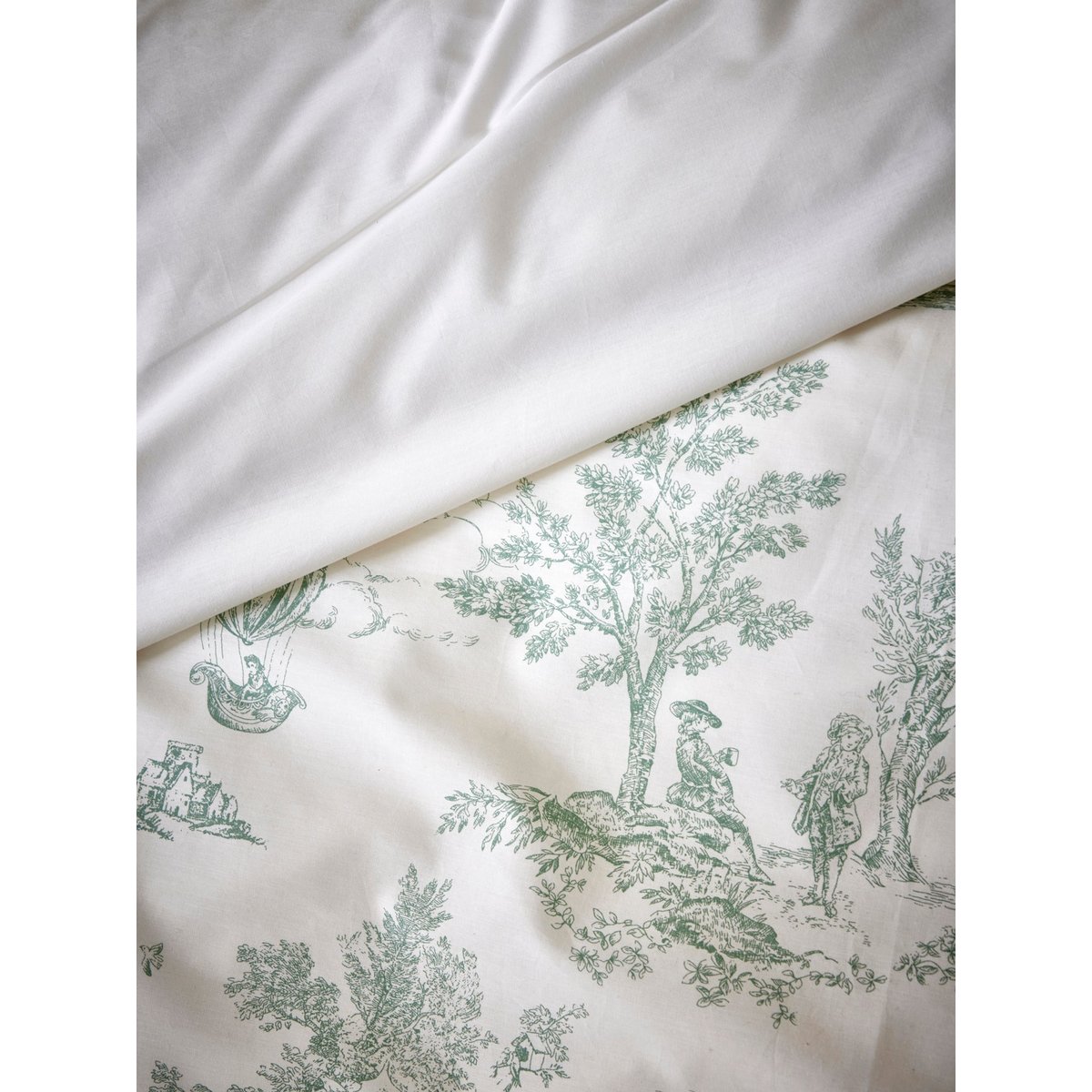 Housse de couette esprit toile de Jouy en percale de coton jouy vert, CYRILLUS