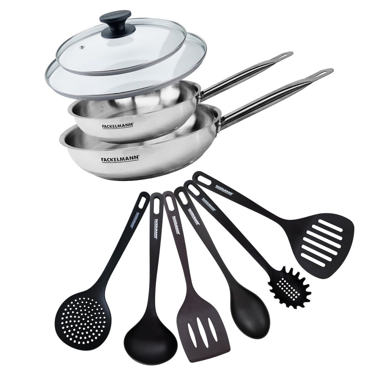 Set de 2 poêles de 24 et , 2 couvercles en verre ETERNA inox|transparent|noir, FACKELMANN