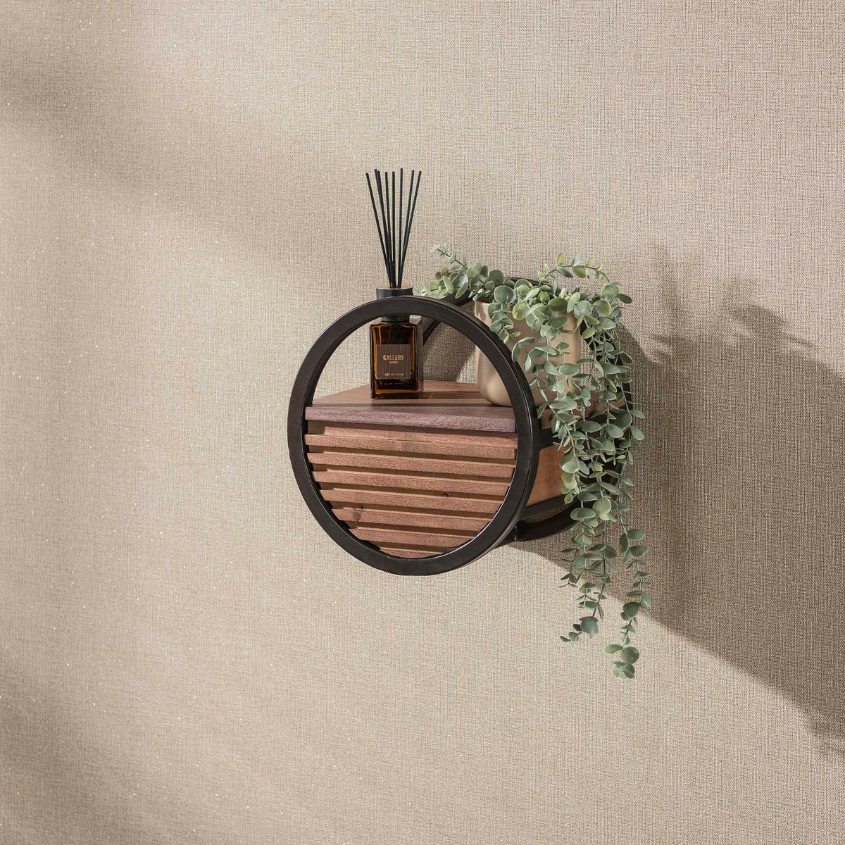 Etagère murale ronde bois d'acacia foncé 1 tiroir Ø30 cm NAKO marron, PIER IMPORT