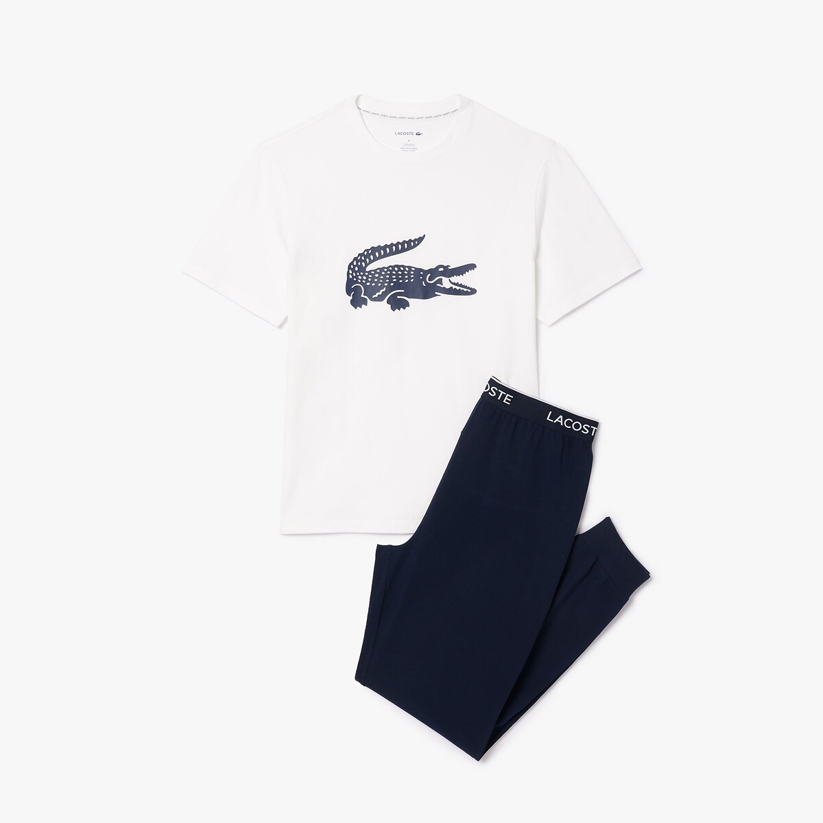 Crocodile Print Jersey Pyjamas pack of navy blue + white, LACOSTE