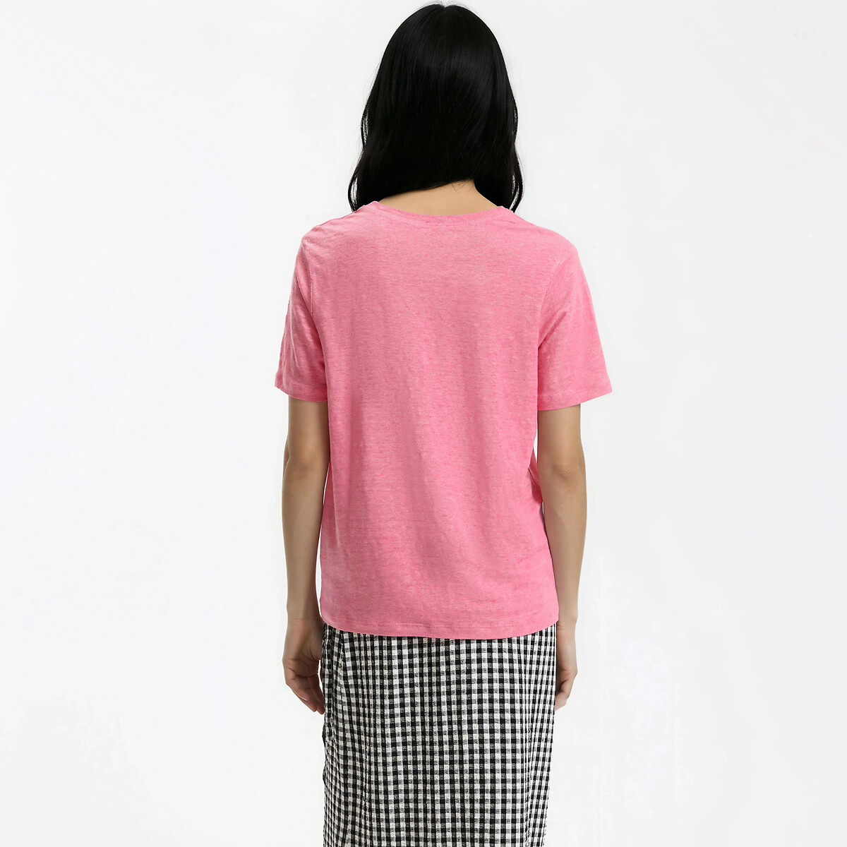 T-shirt en lin col rond manches courtes rose, LA REDOUTE COLLECTIONS