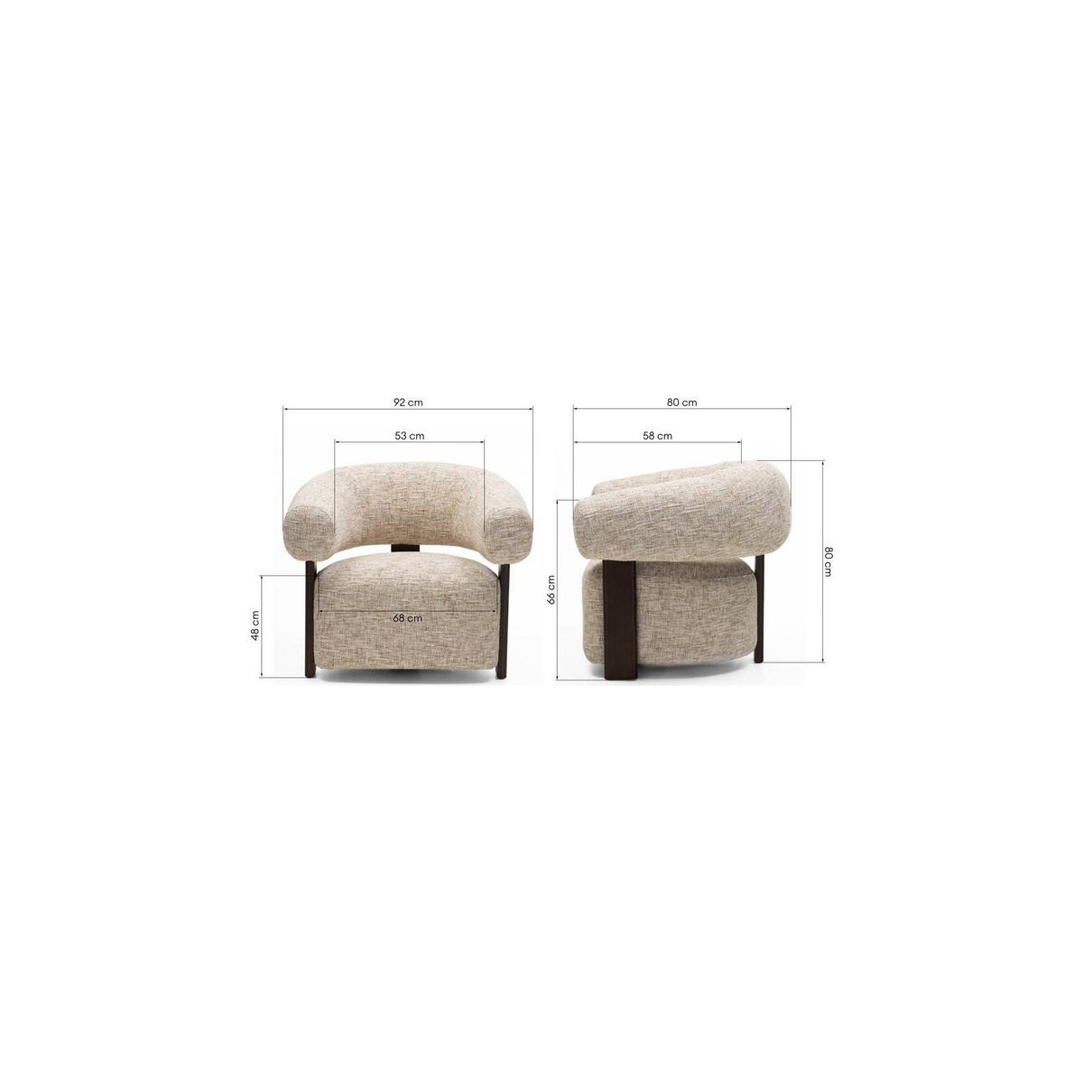 Fauteuil lounge collection MONIQUE arrondi beige grisé et noyer, RECOLLECTION