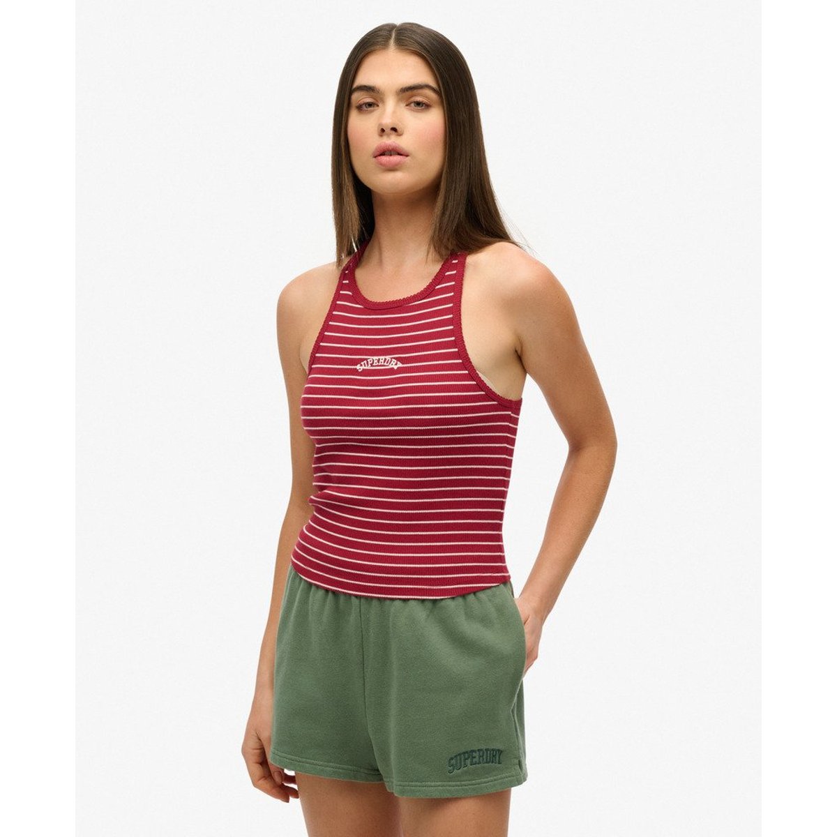 Débardeur rayé à dos nageur et logo Essential rayé rouge bordeaux, SUPERDRY