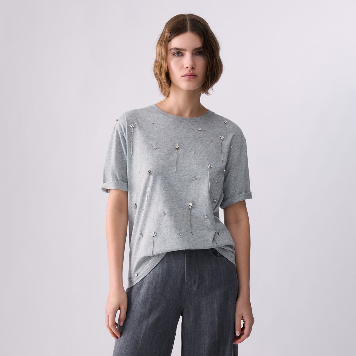 T-shirt avec broderies bijoux gris, LIU JO