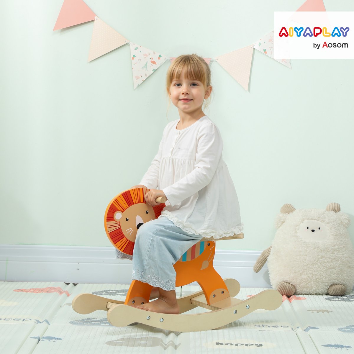Cheval à bascule pour enfants Contreplaqué orange, bois clair, AIYAPLAY