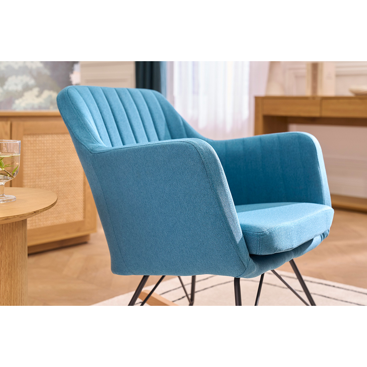 Rocking chair scandinave en tissu et pieds métal et bois ALEYNA bleu canard, MILIBOO
