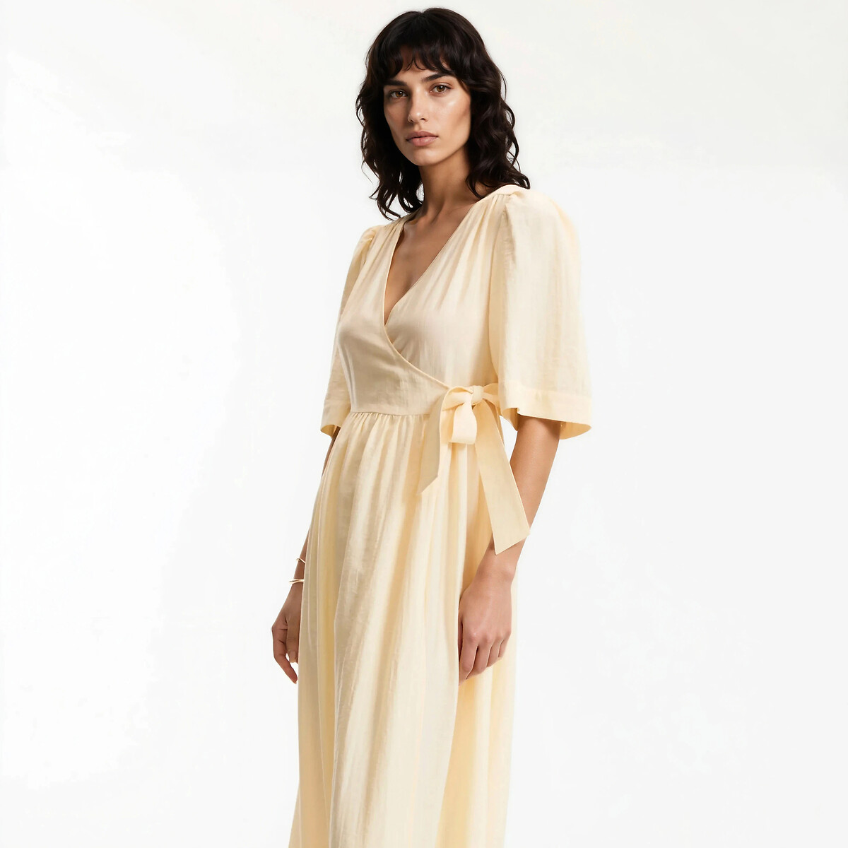 Vestido largo cruzado de manga corta amarillo, LA REDOUTE COLLECTIONS