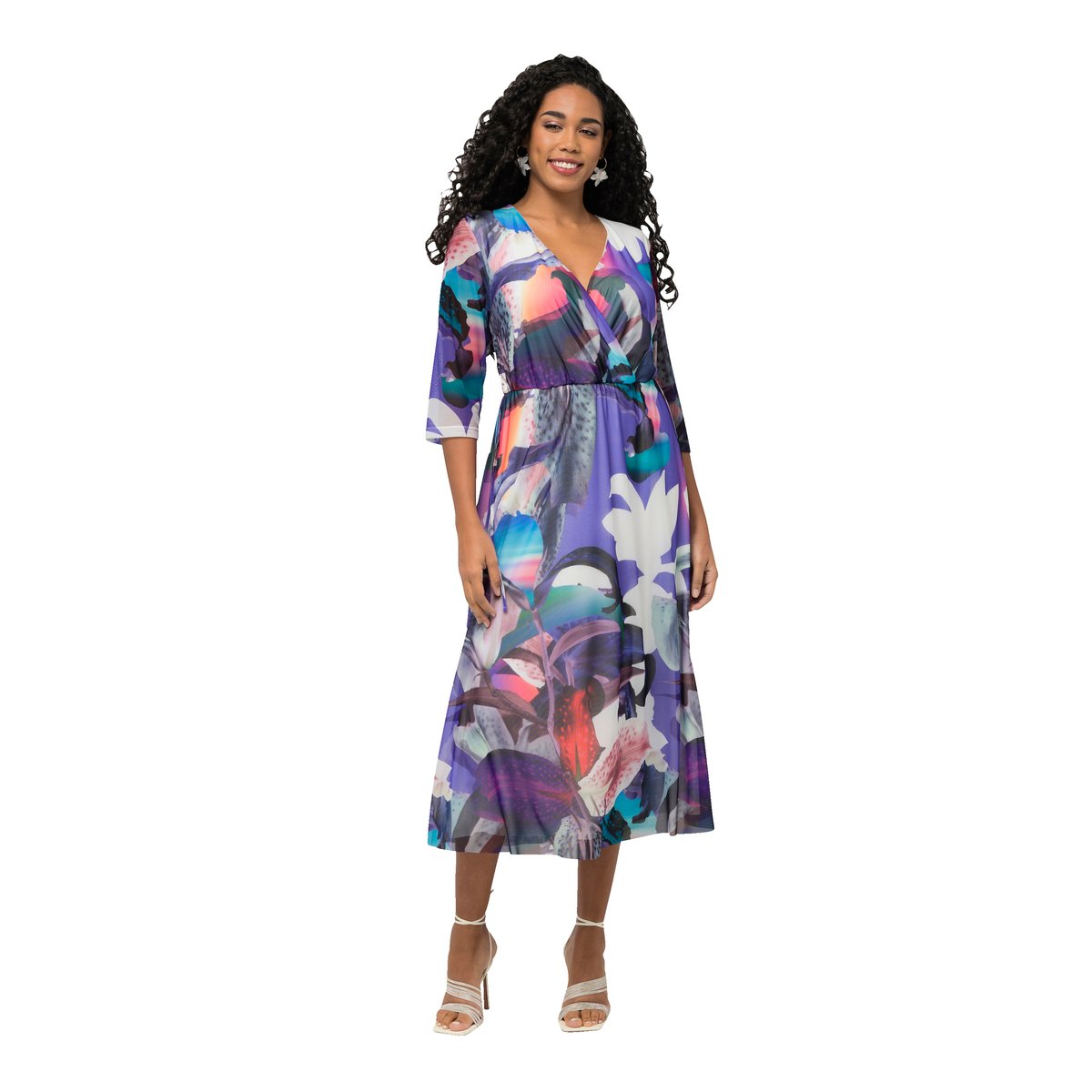 Robe midi à fleurs, effet cache-cœur blanc cassé, ULLA POPKEN
