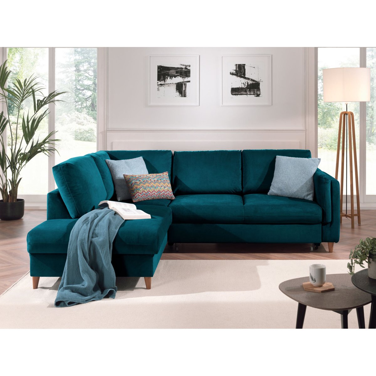Canapé d'Angle Convertible 5 places - BROOKE bleu canard, BEST MOBILIER