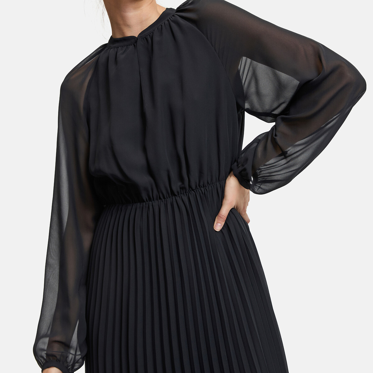 Robe longue plissée à manches longues et col rond noir, LA REDOUTE COLLECTIONS