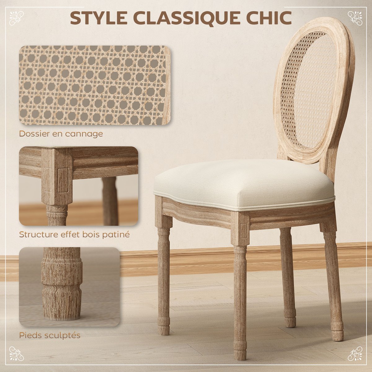 Chaise de salle à manger Tissu polyester au crème, HOMCOM
