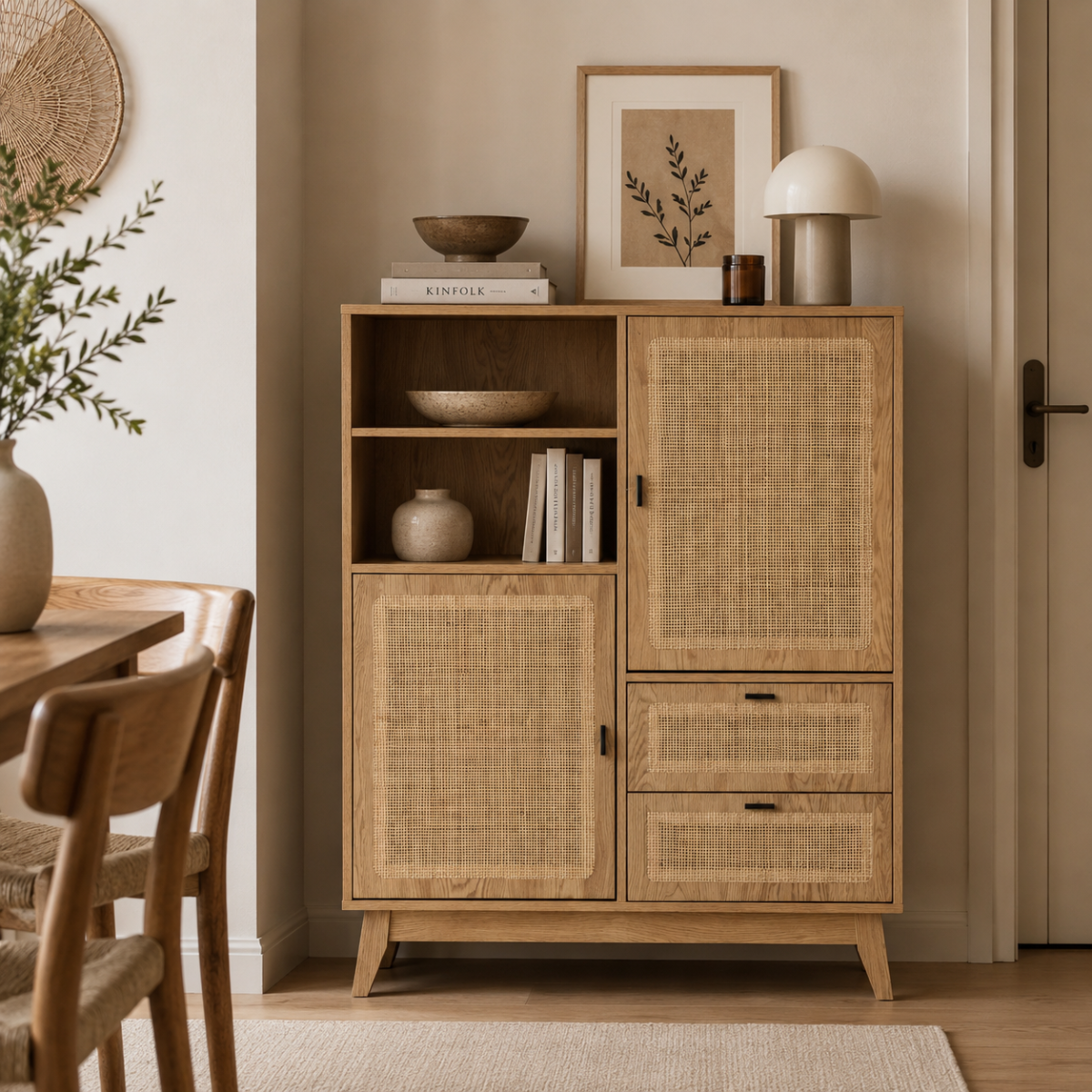 Buffet haut 2 portes 2 tiroirs rotin - ALIA bois clair, CALICOSY