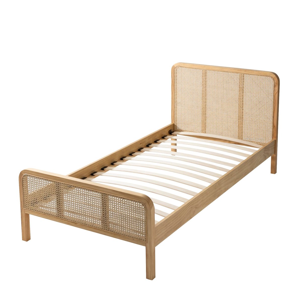 Lit en pin massif avec cannage - ANNA bois naturel, TERRE DE NUIT