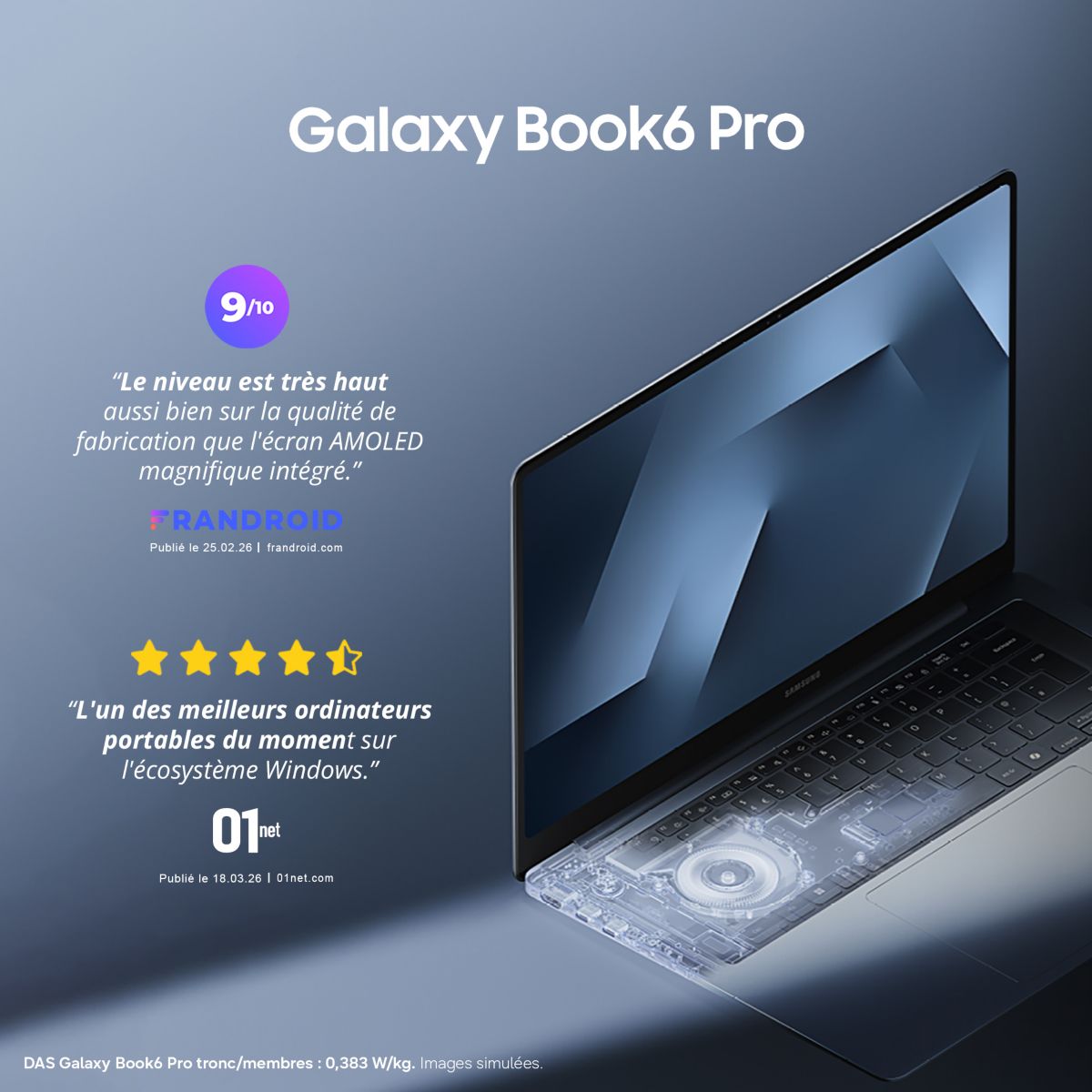 Ordinateur portable GB6 Pro 16" Tactile AMOLED Intel Core Ultra X7 358H 32 Go RAM LPDDR5x SSD 1 To Copilot+PC couleur unique, SAMSUNG