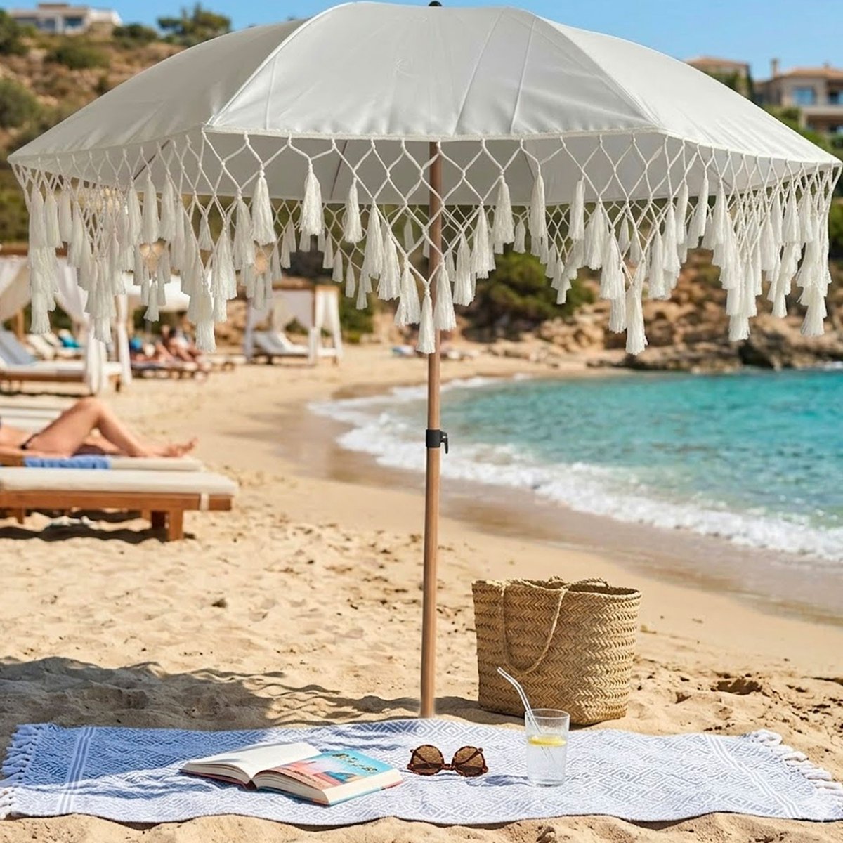 Parasol blanc avec frange 180x180x215cm blanc, WADIGA