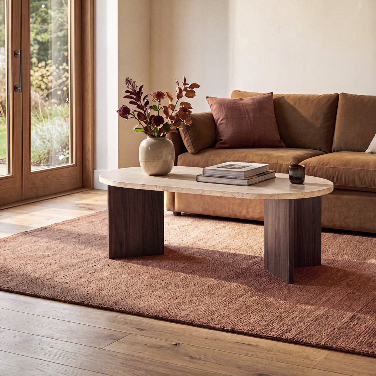 Table basse ovale en bois et effet travertin- CALIAN beige, DRAWER